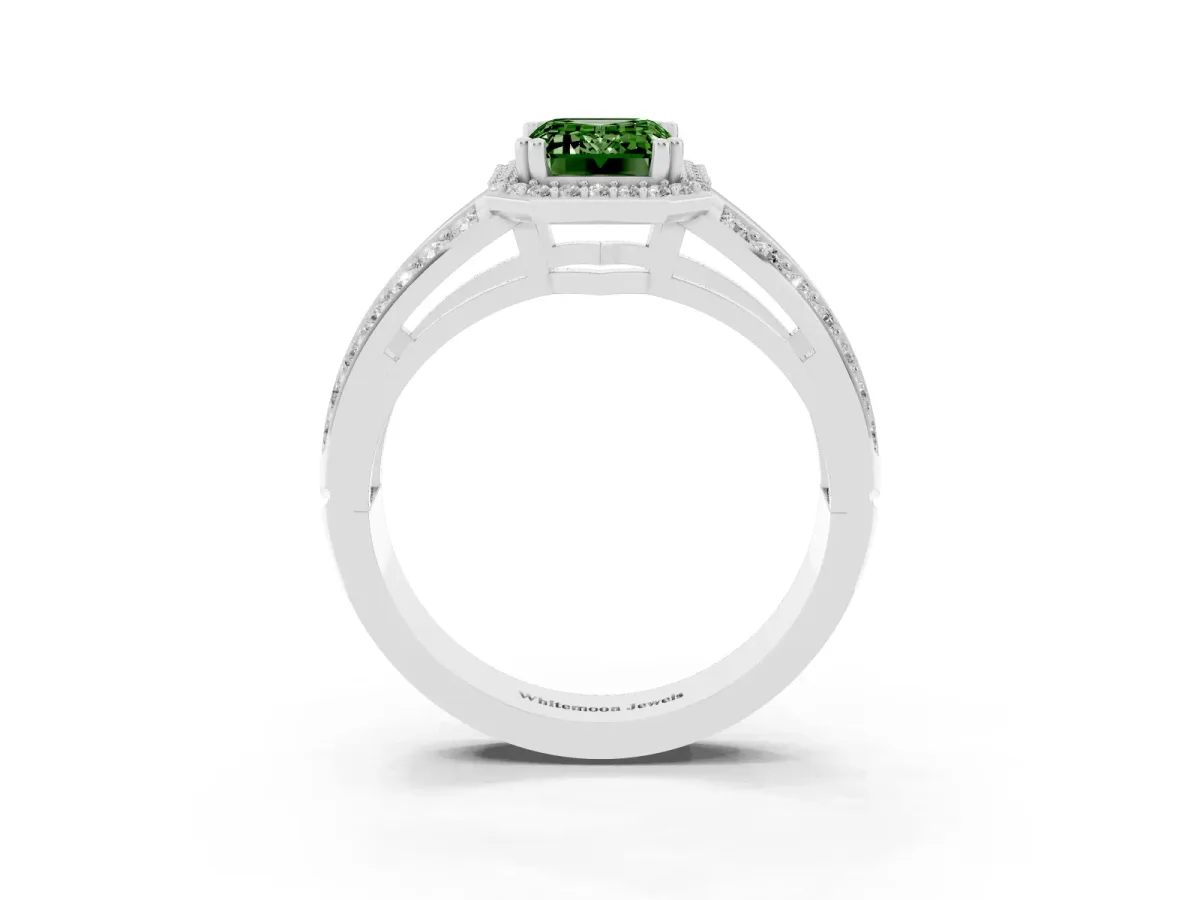 Fancy Green Emerald Cut Diamond Halo Ring with Split Shank Pavé Band and Four-Prong Setting White gold
