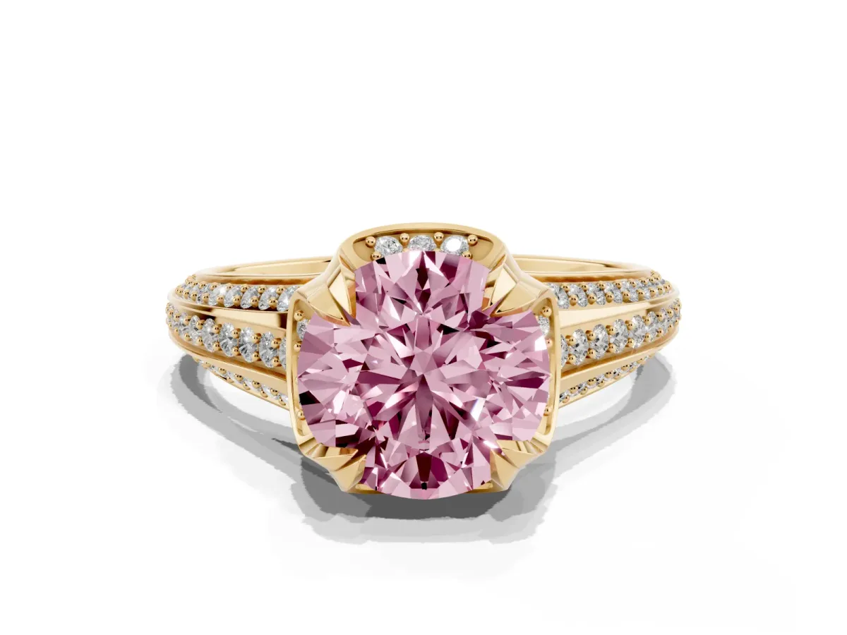 Fancy Pink Round Cut Solitaire Pave Split Shank Ring with Four-Prong Setting Yellow gold