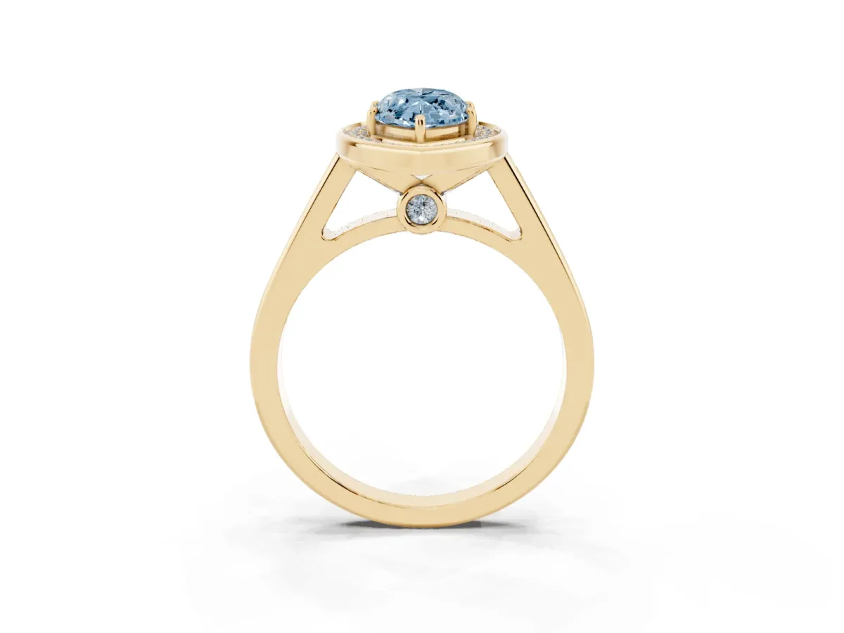 Fancy Blue Marquise Cut Halo Solitaire Diamond Ring with Pave Band and Bezel Setting Yellow gold