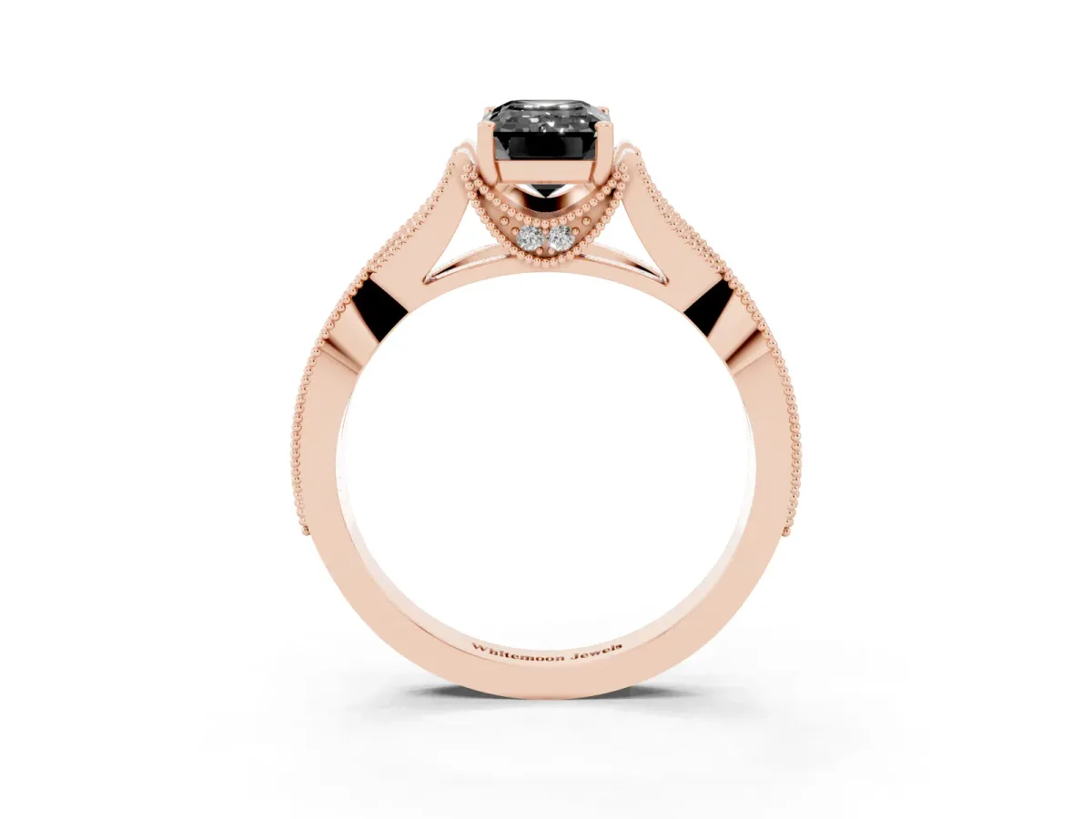 Fancy Black Emerald Cut Cut Diamond Twisted Band with Milgrain Pave Setting and Four-Prong Setting Rose gold