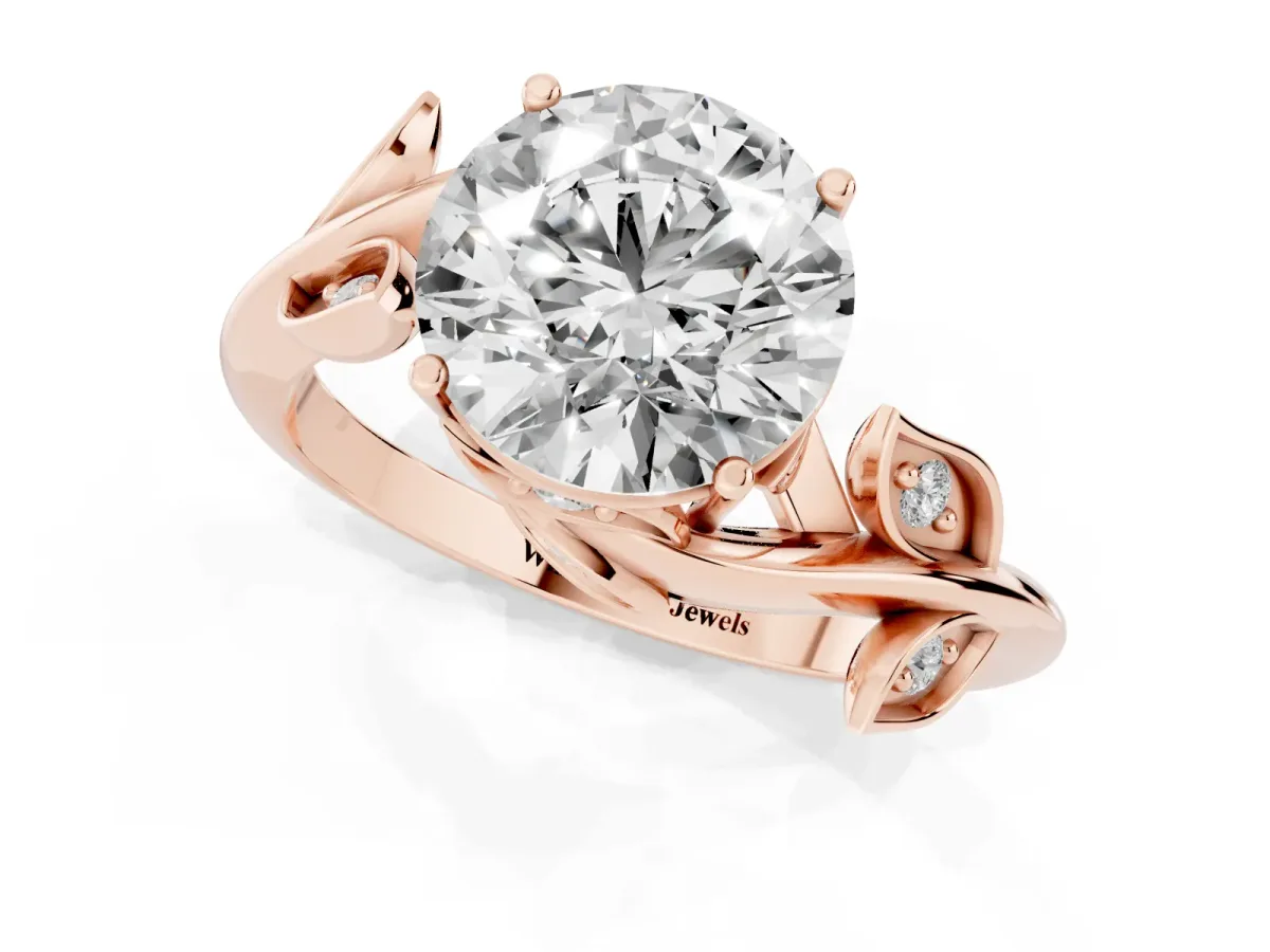 Round Cut Solitaire Twist Engagement Ring with Leaf Accents and Prong Setting Rose gold