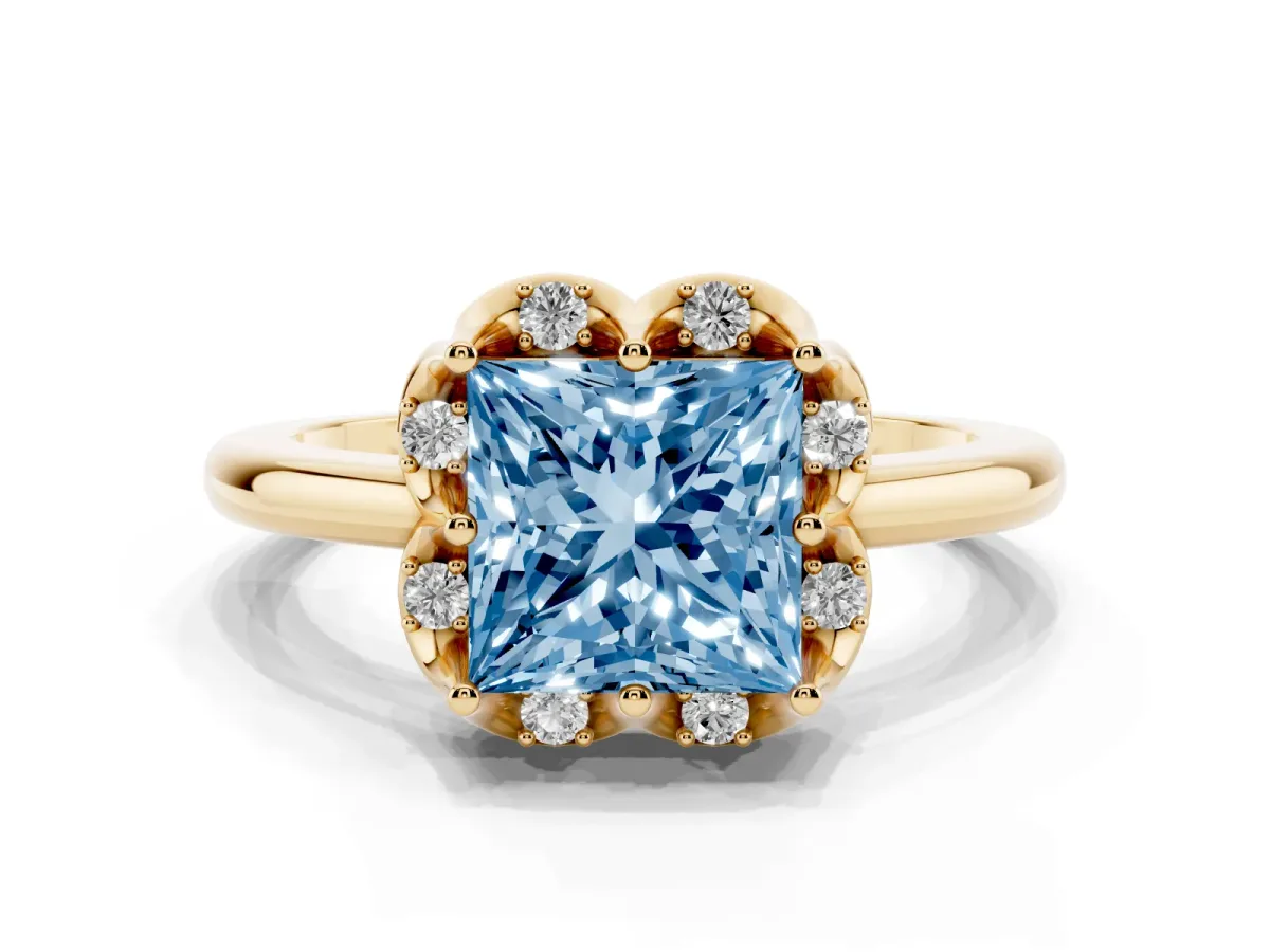 Fancy Blue Princess Cut Halo Diamond Ring with Round Cluster Setting, Solitaire Band, and Four-Prong Setting Yellow gold