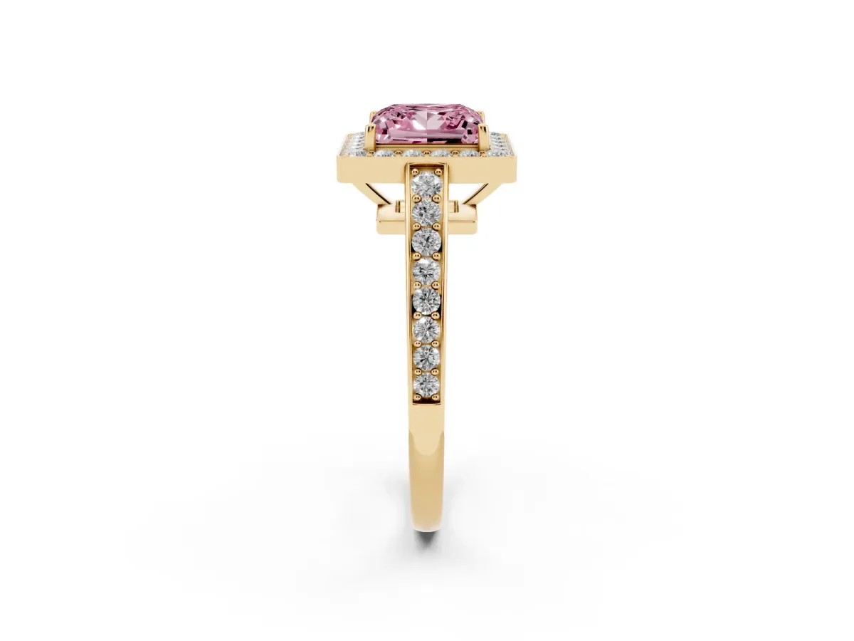 Fancy Pink Princess Cut Halo Pavé Diamond Engagement Ring with Bezel Setting Yellow gold