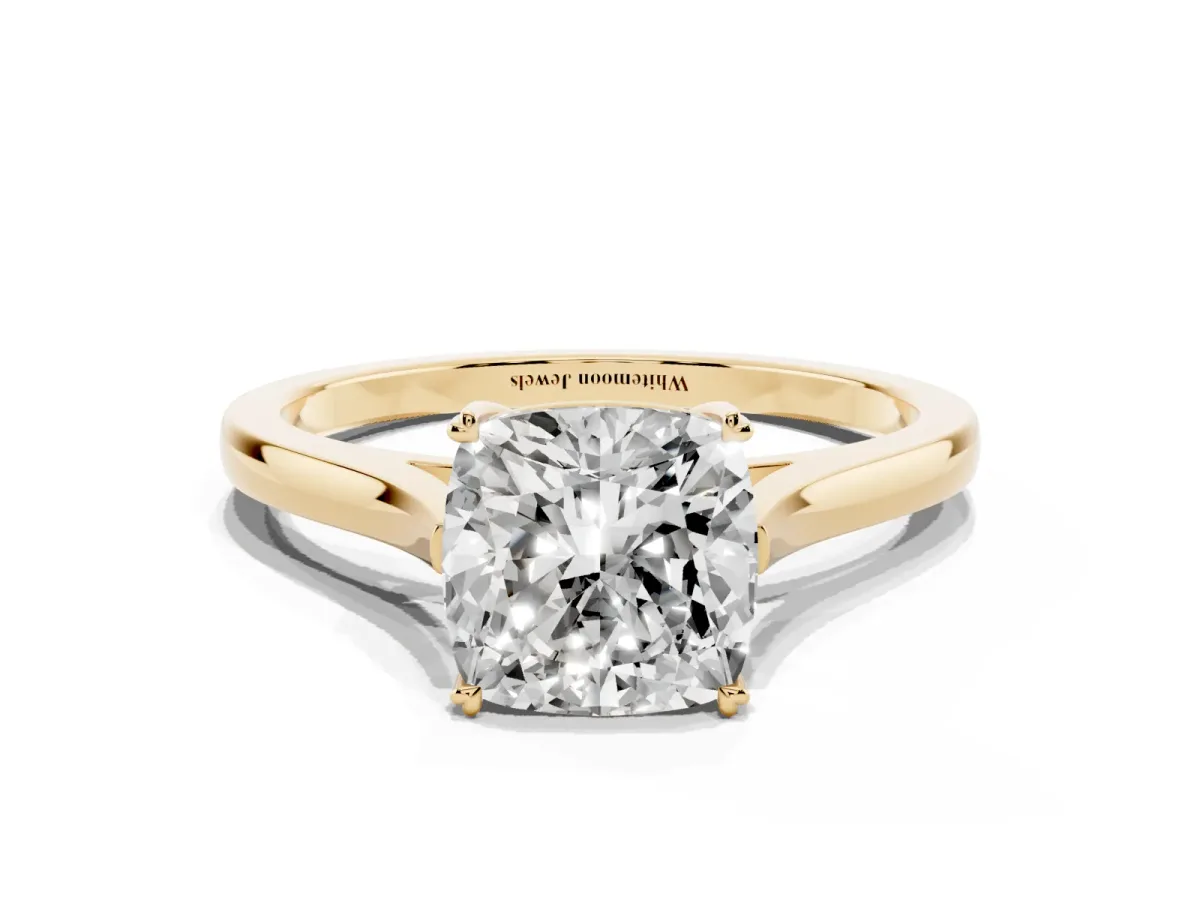 Cushion Cut Solitaire Heart Prong Engagement Ring with Tapered Band Yellow gold