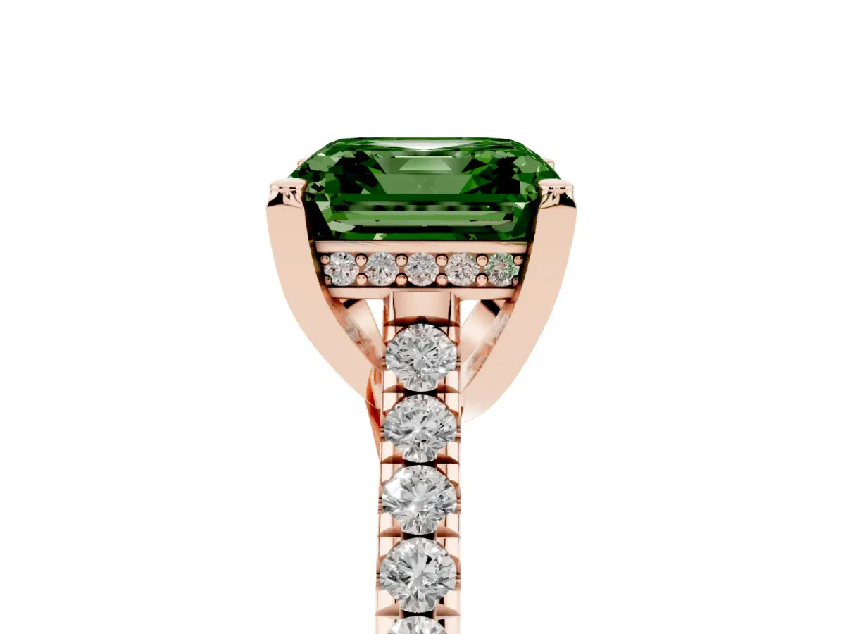 Fancy Green Asscher Cut Brilliant Diamond Solitaire with Pavé Band and Four-Prong Setting Rose gold