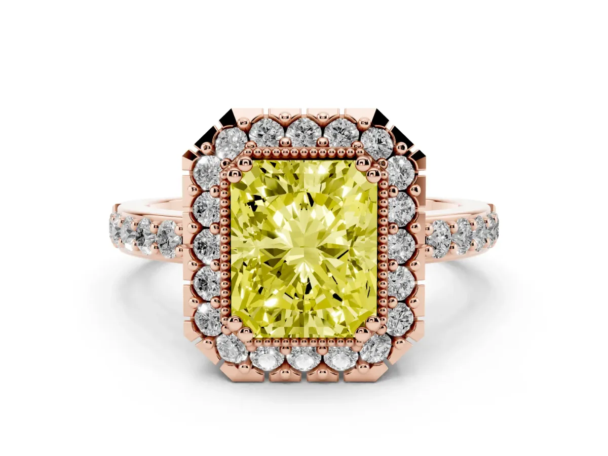Fancy Yellow Radiant Cut Diamond Halo Ring with Pavé Band and Prong Setting Rose gold