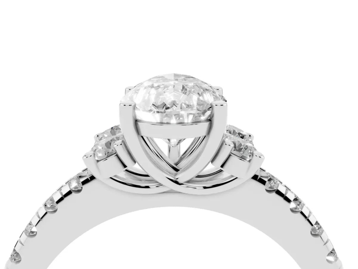 Pear Cut Diamond Three-Stone Pave Band with Four-Prong Setting Silver