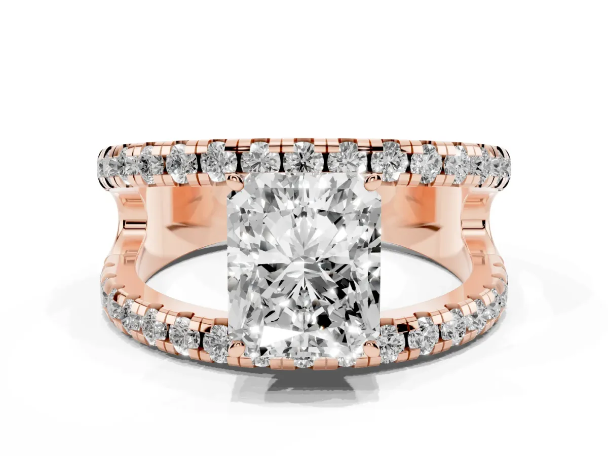 Radiant Cut Solitaire Split Shank Pave Diamond Ring Rose gold