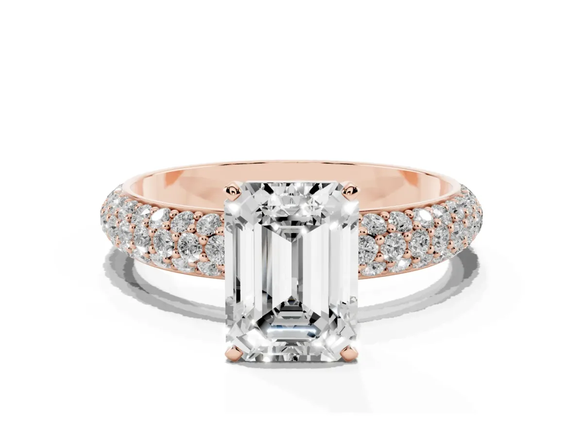 Emerald Cut Diamond Solitaire Ring with Prong Setting and Pavé Band Rose gold