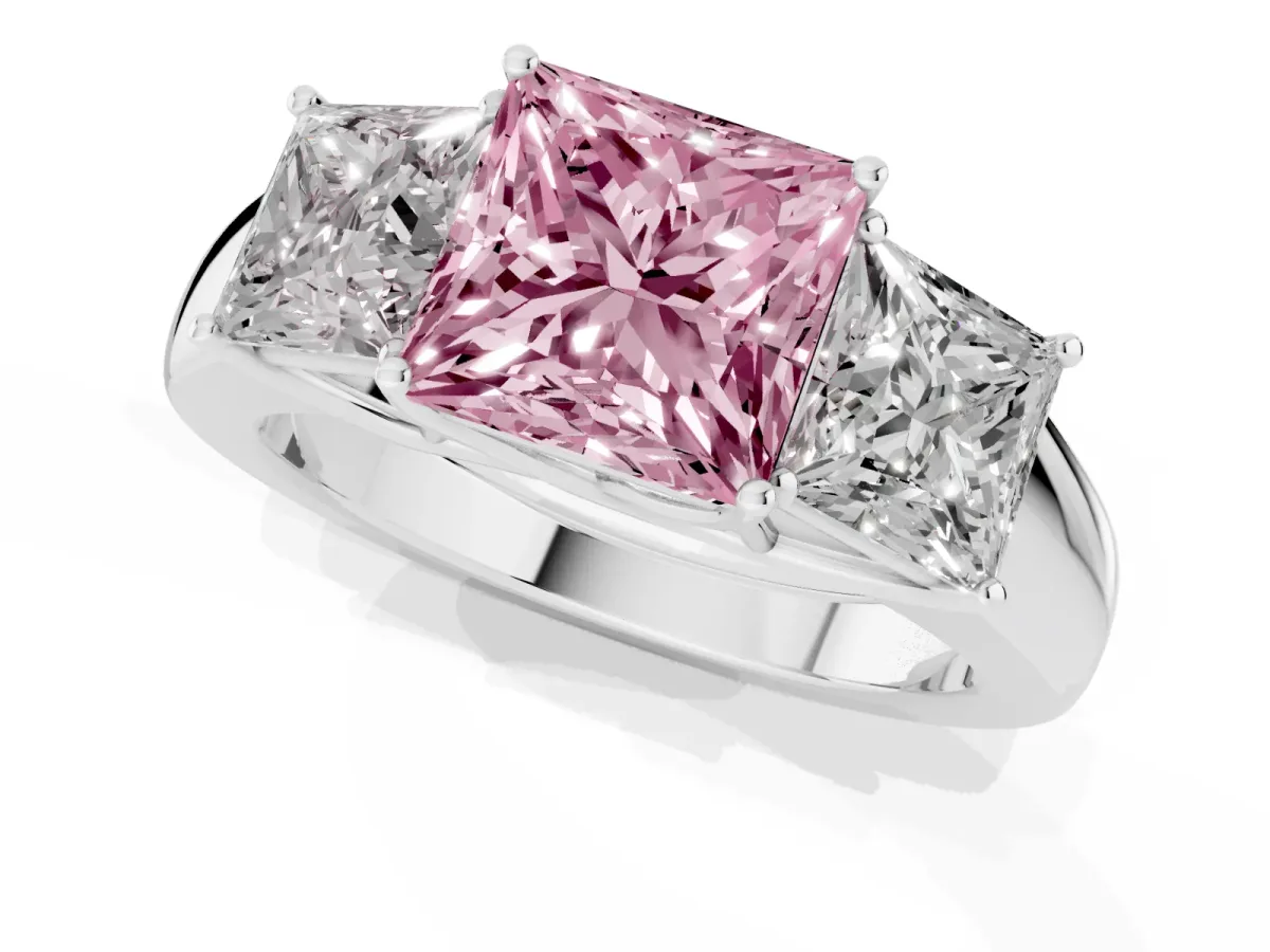Fancy Pink Three-Stone Princess Cut Cut Diamond Ring with Prong Setting and Classic Band Silver