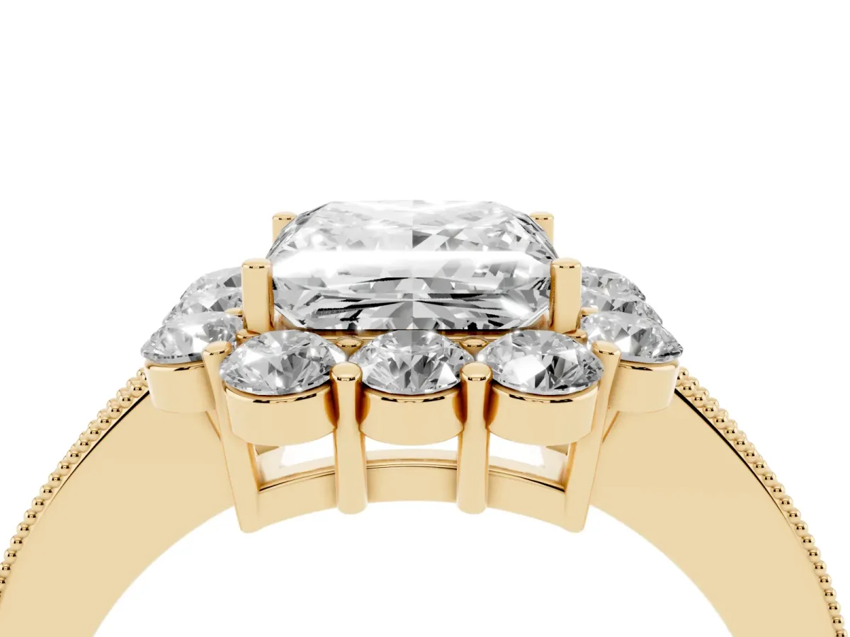 Princess Cut Cut Halo Diamond Pavé Engagement Ring with Milgrain Detailing Yellow gold