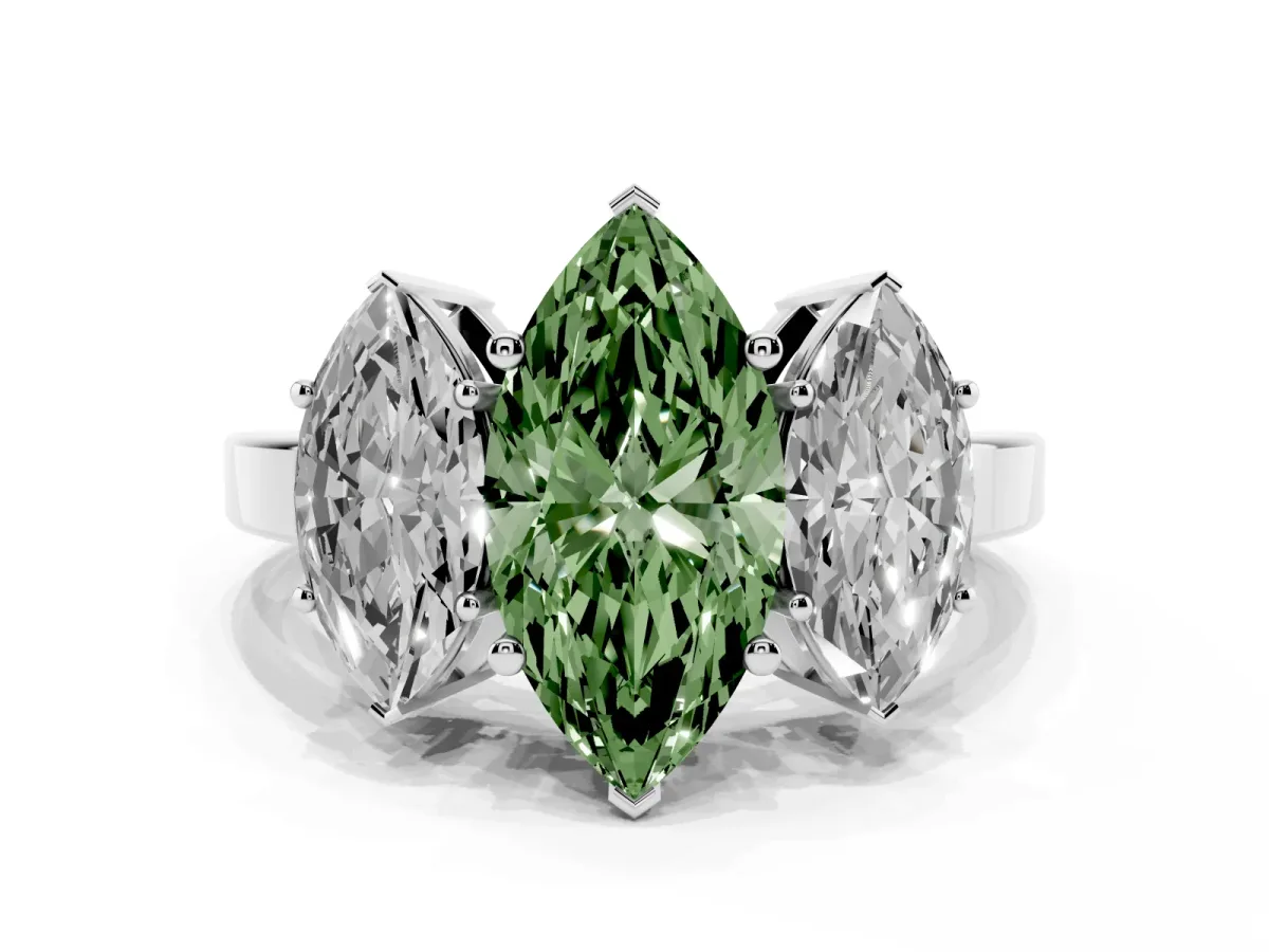Fancy Green Three-Stone Marquise Cut Cut Diamond Engagement Ring with Flat Band and Four-Prong Setting Silver