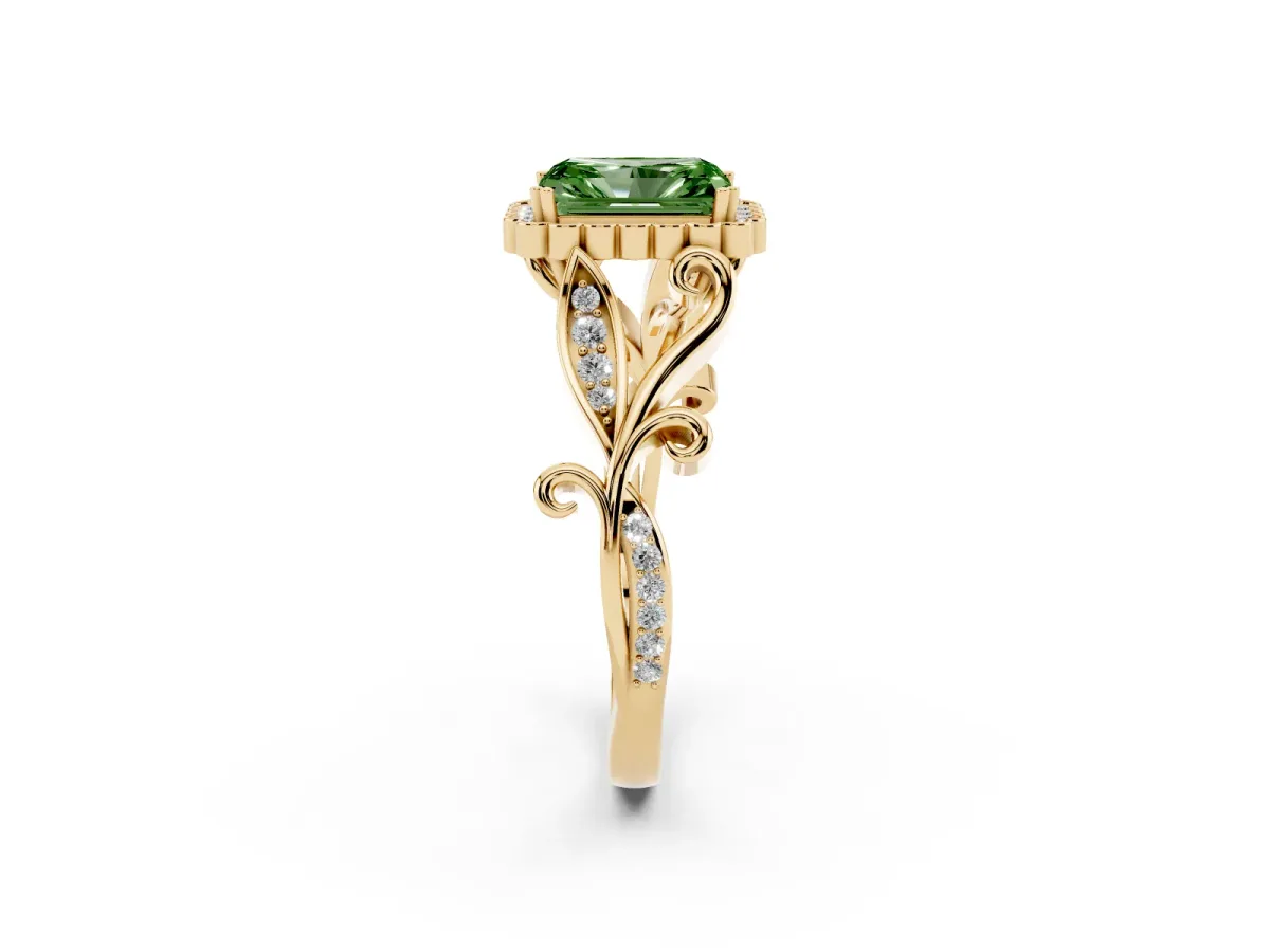 Fancy Green Radiant Cut Diamond Halo Ring with Vintage Split Shank and Four-Prong Setting Yellow gold