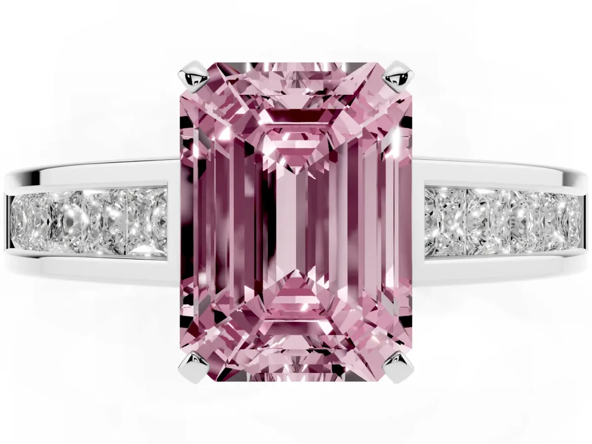 Fancy Pink Emerald Cut Solitaire Diamond Ring with Channel-Set Band and Four-Prong Setting Platinum