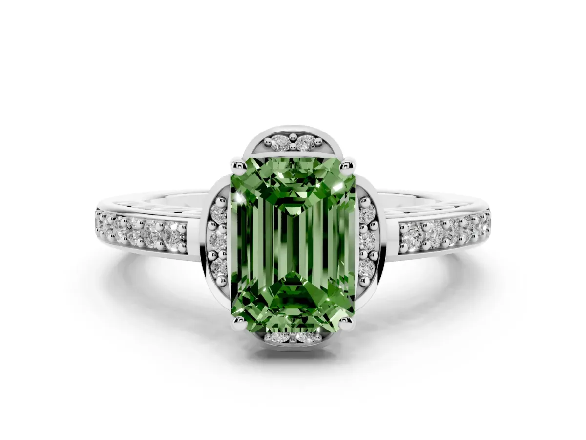 Fancy Green Emerald Cut Cut Halo Diamond Ring with Channel Set Band and Four-Prong Setting Platinum