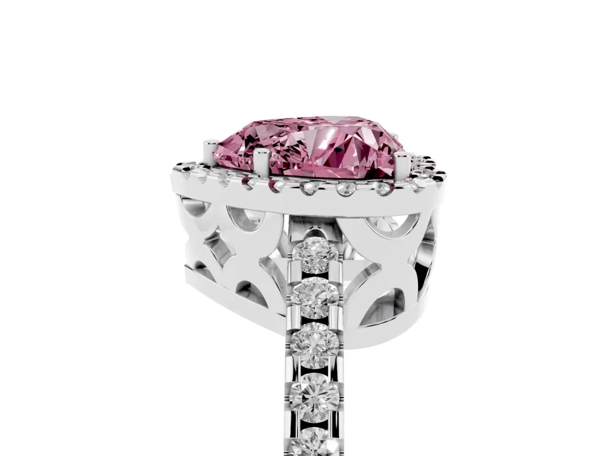 Fancy Pink Heart Cut Diamond Halo Engagement Ring with Pavé Band and Prong Setting White gold