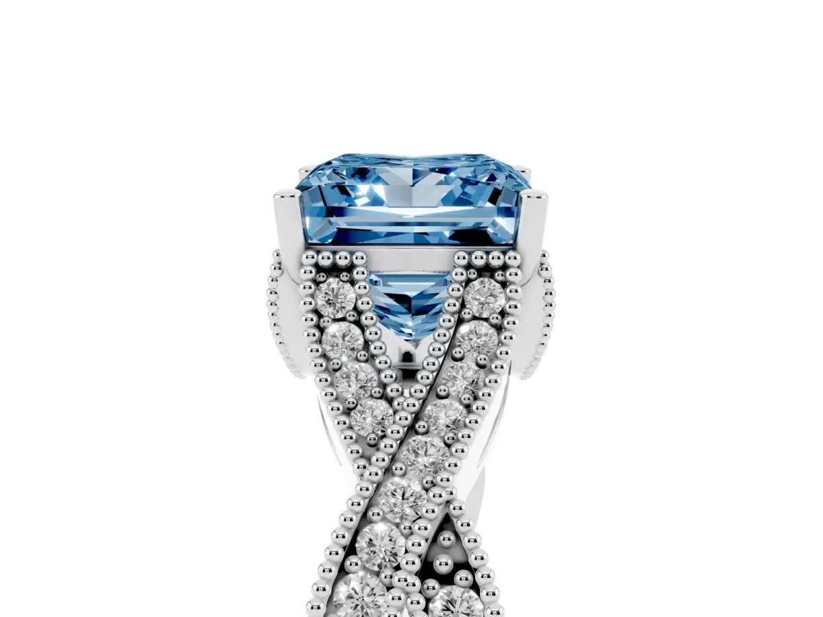 Fancy Blue Princess Cut Cut Diamond Twisted Band with Milgrain Pave Setting and Four-Prong Setting Platinum