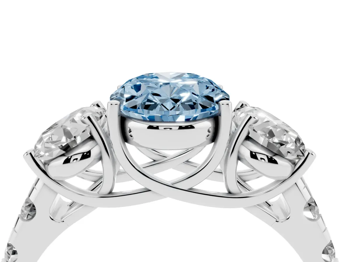 Fancy Blue Three-Stone Oval Cut Diamond Pavé Band with Prong Setting Platinum