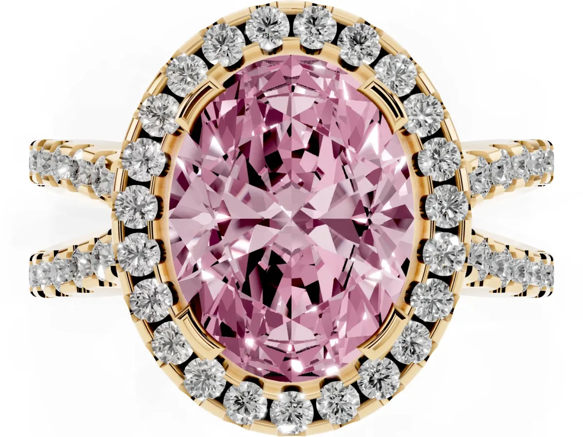 Fancy Pink Oval Cut Diamond Halo Ring with Split Shank Pavé Band and Prong Setting Yellow gold
