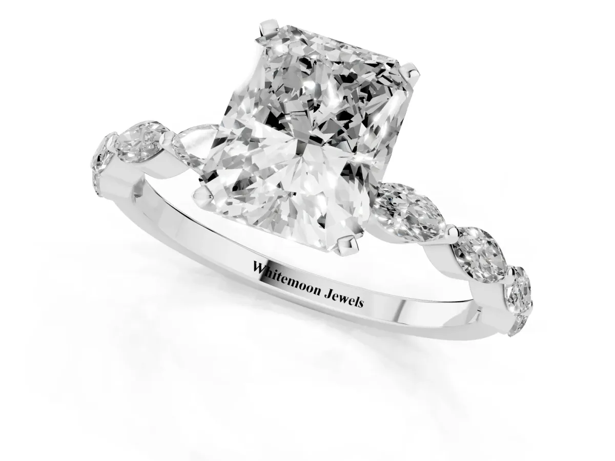 Radiant Cut Diamond Ring with Marquise Side Stones and Prong Setting Platinum