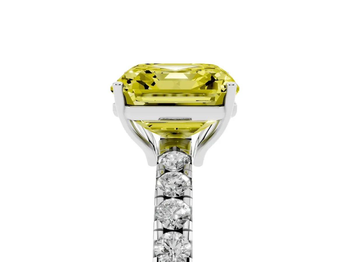 Fancy Yellow Asscher Cut Diamond Pavé Solitaire Engagement Ring with Four-Prong Setting Silver