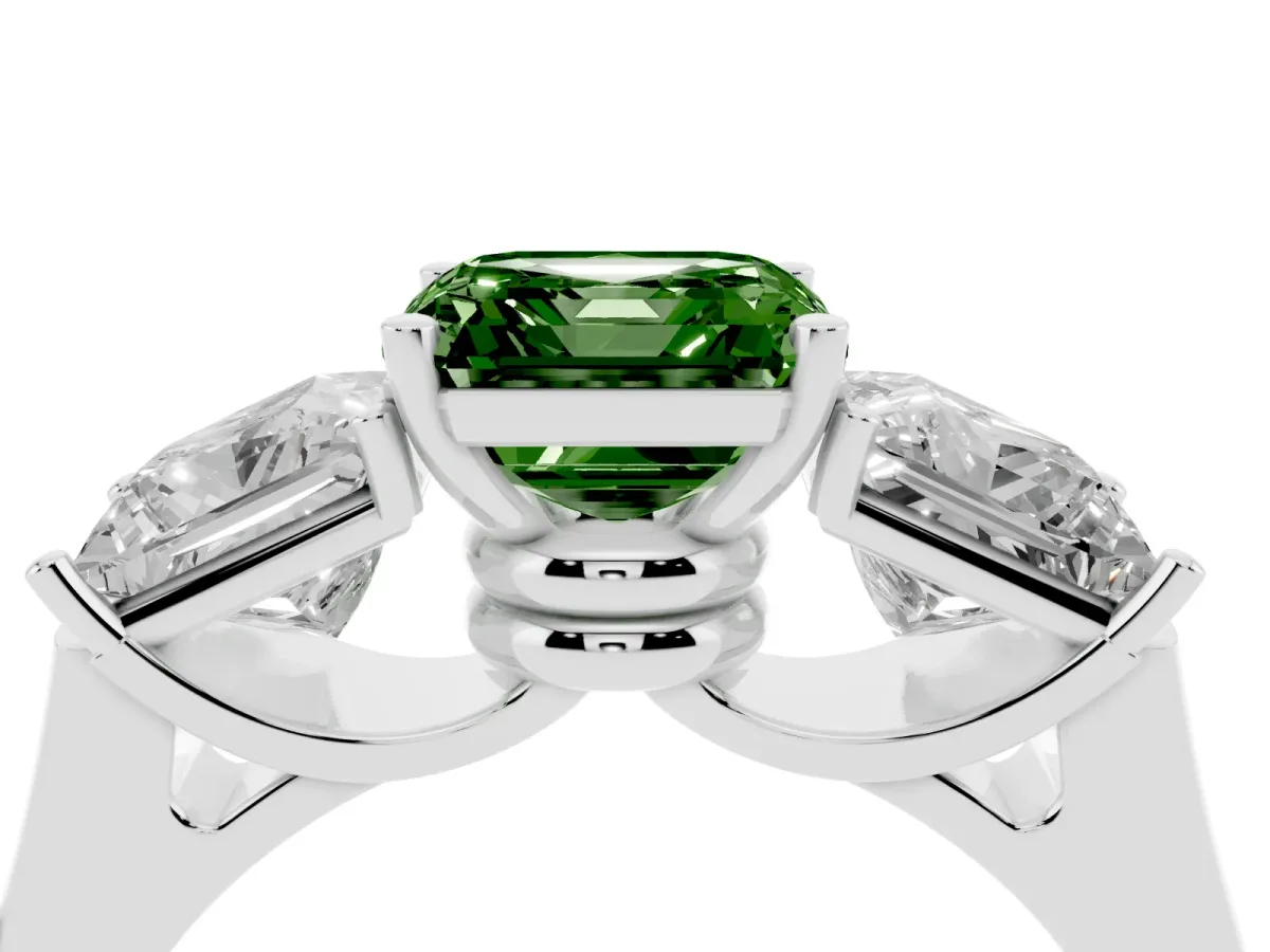 Fancy Green Three-Stone Asscher Cut Brilliant Diamond Trellis Ring with Comfort Fit Band White gold