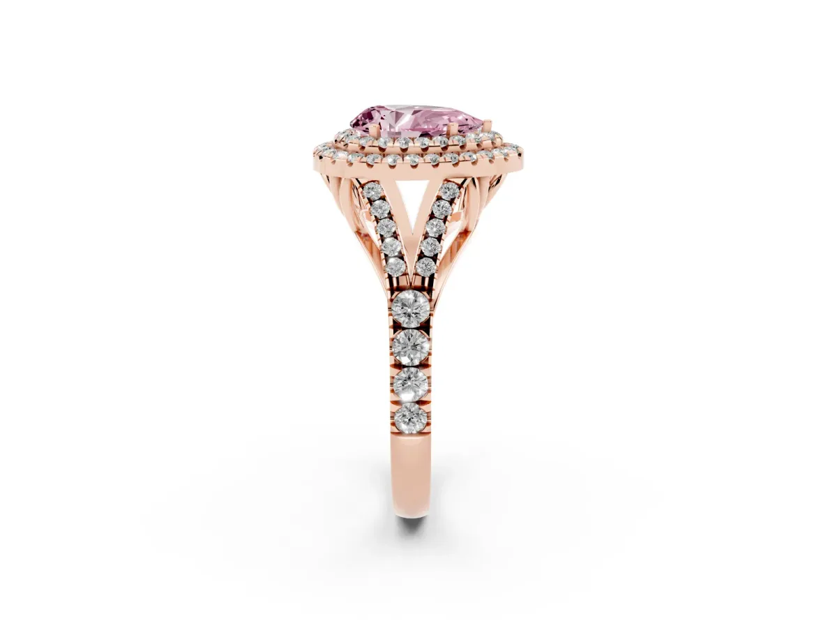Fancy Pink Pear Cut Cut Double Halo Split Shank Diamond Ring with Prong Setting Rose gold