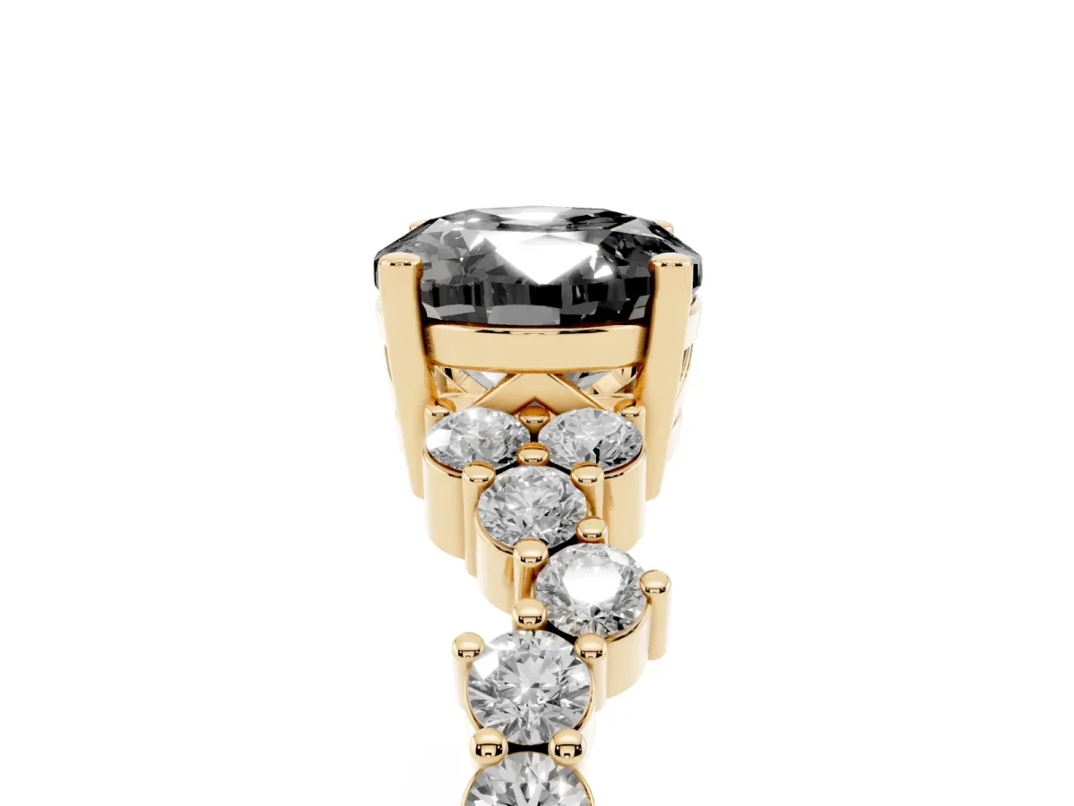 Fancy Black Oval Cut Diamond Scattered Round Accent Ring with Prong Setting Yellow gold