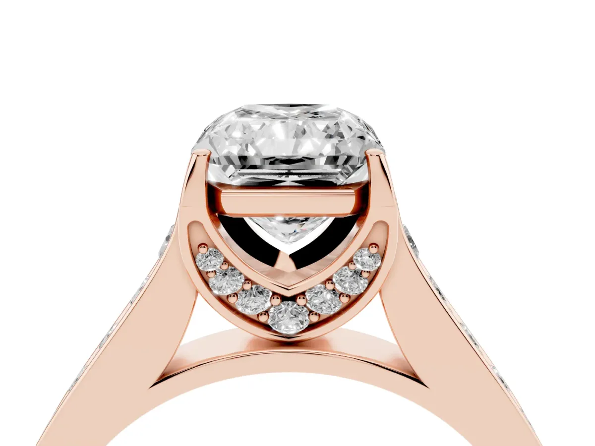 Radiant Cut Brilliant Cut Diamond Engagement Ring with Pavé Band and Four-Prong Setting Rose gold