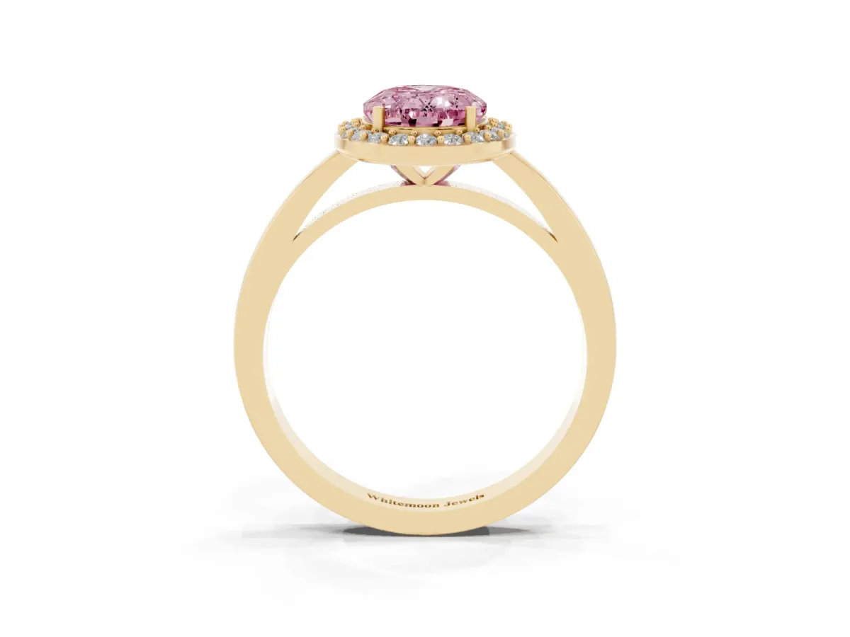 Fancy Pink Oval Cut Halo Diamond Ring with Solitaire Band and Prong Setting Yellow gold