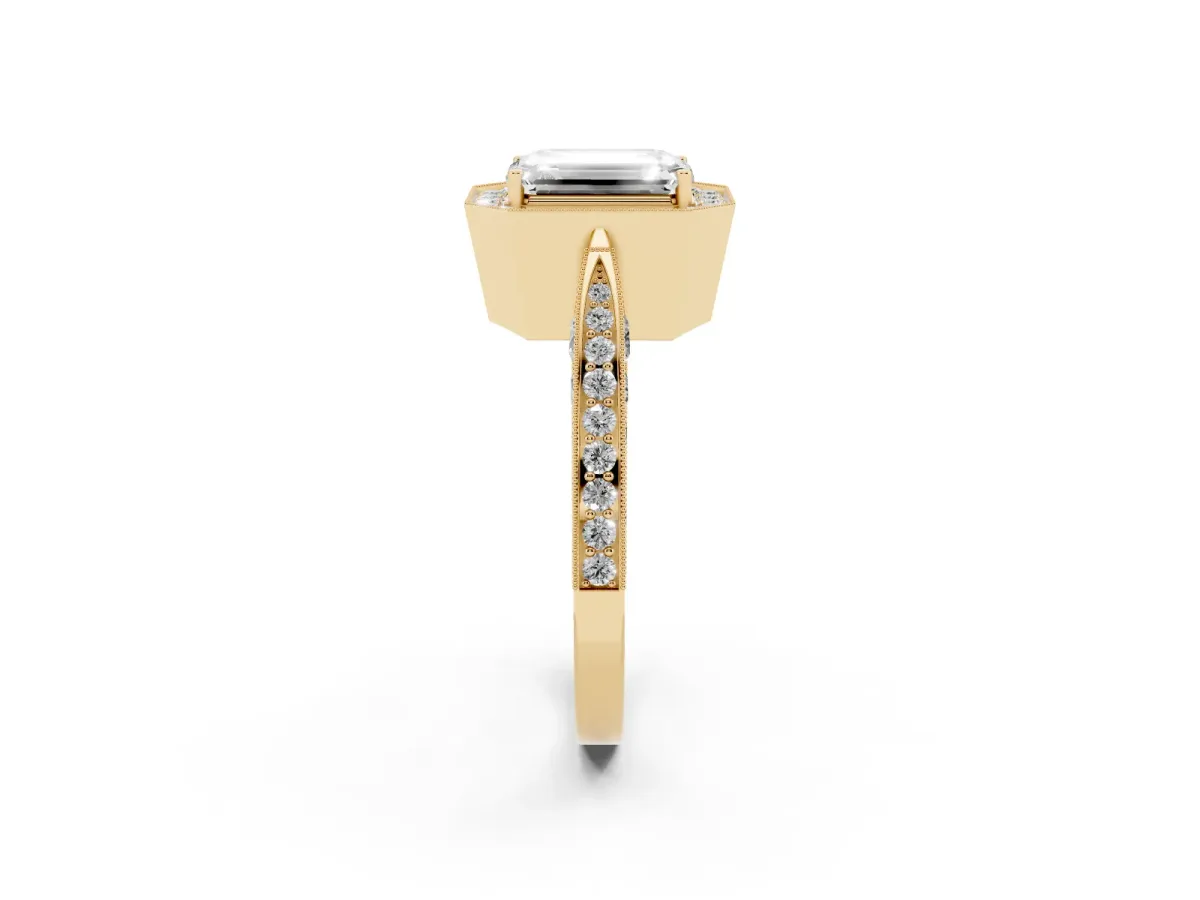 Emerald Cut Halo Diamond Engagement Ring with Split Shank Band and Four-Prong Setting Yellow gold