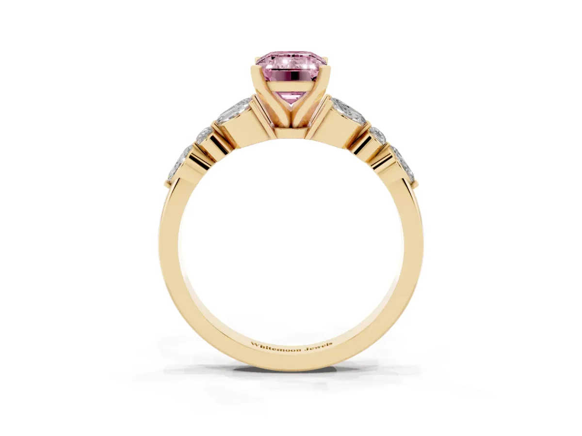 Fancy Pink Emerald Cut Diamond Solitaire Ring with Side Stones and Four-Prong Setting Yellow gold