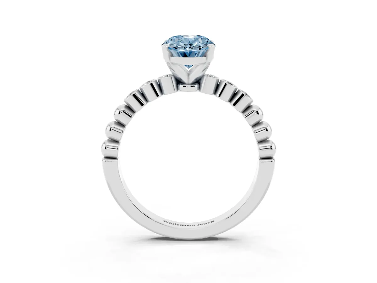 Fancy Blue Oval Cut Solitaire Bezel Accent Diamond Engagement Ring with Beaded Band and Four-Prong Setting White gold