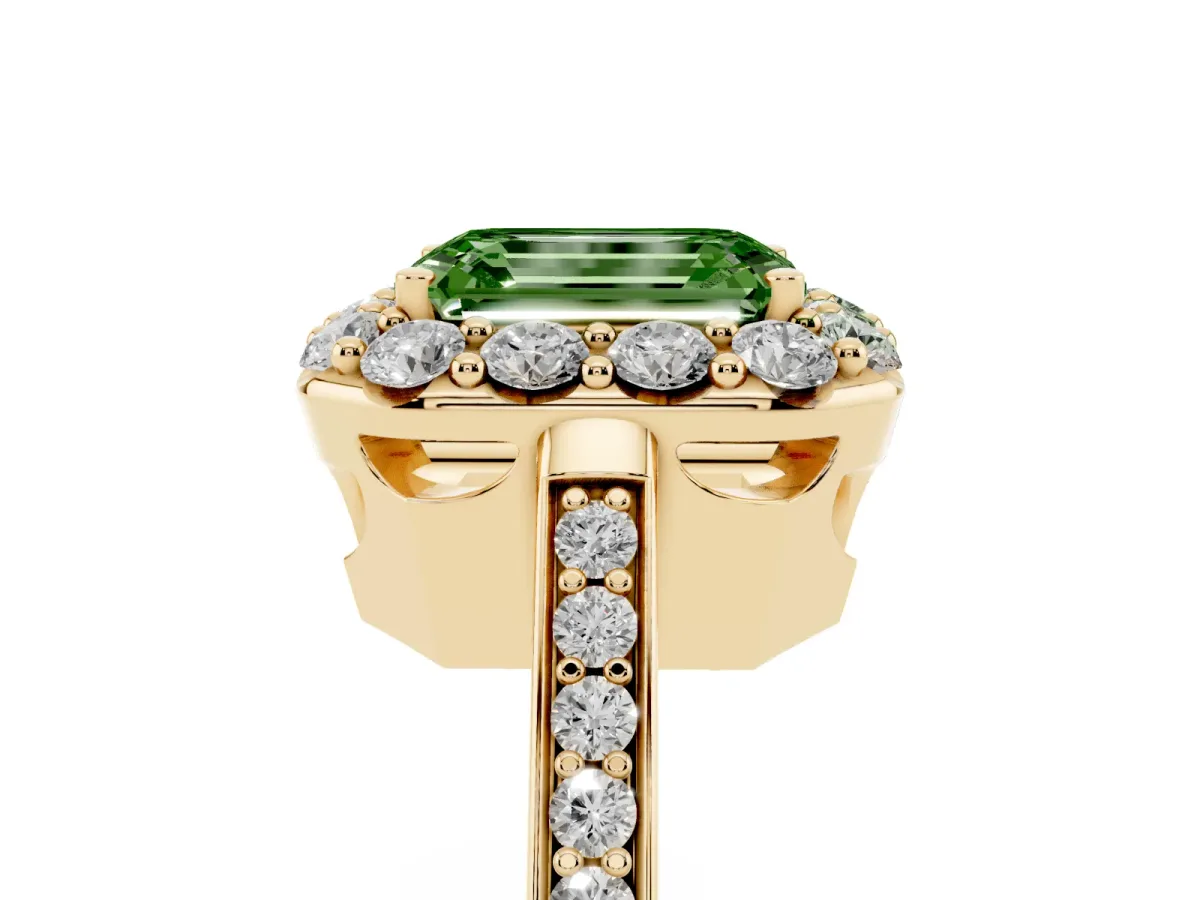 Fancy Green Emerald Cut Diamond Floral Halo Ring with Pavé Band and Prong Setting Yellow gold