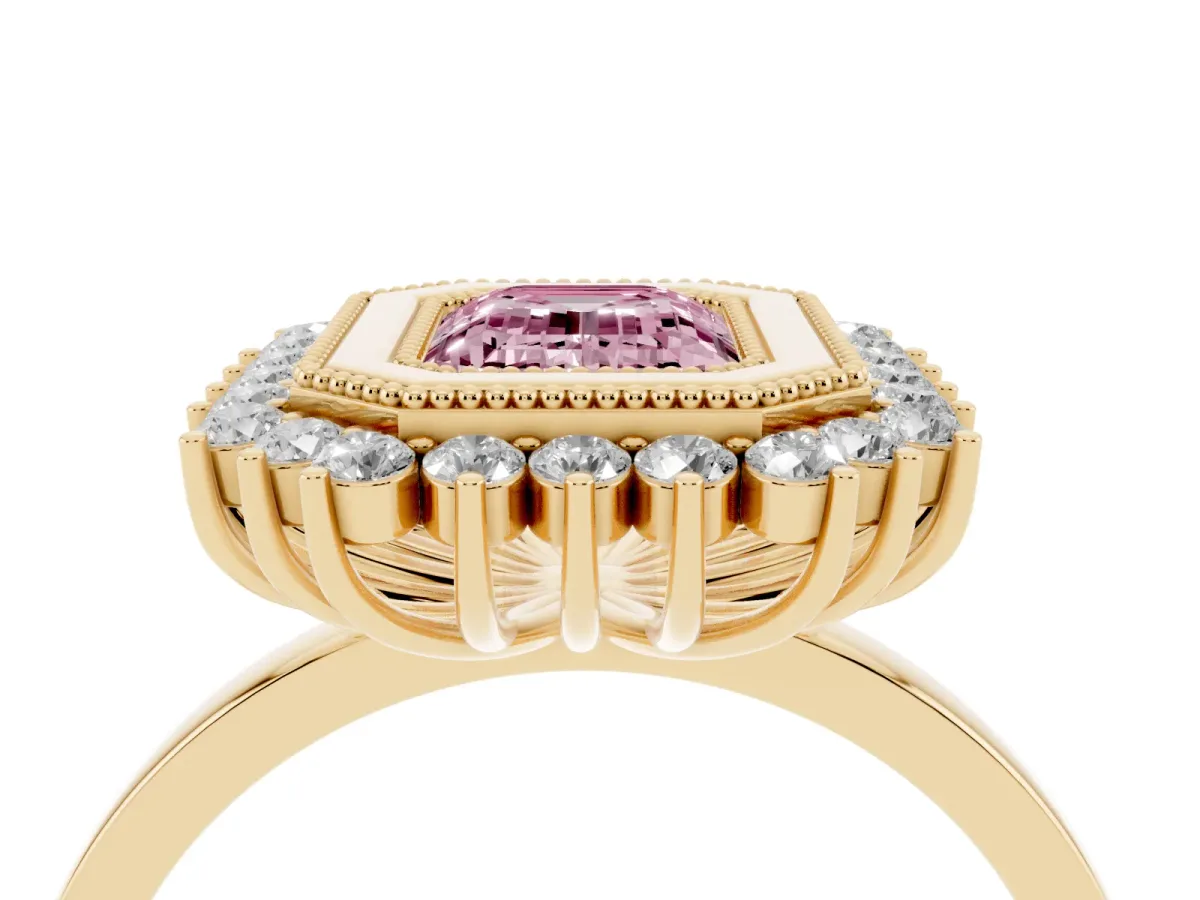 Fancy Pink Emerald Cut Halo Diamond Ring with Milgrain Edge and Round Prong Setting Yellow gold
