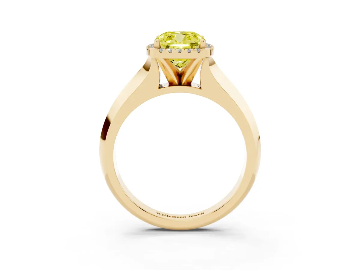 Fancy Yellow Cushion Cut Halo Diamond Ring with Cathedral Band and Four-Prong Setting Yellow gold