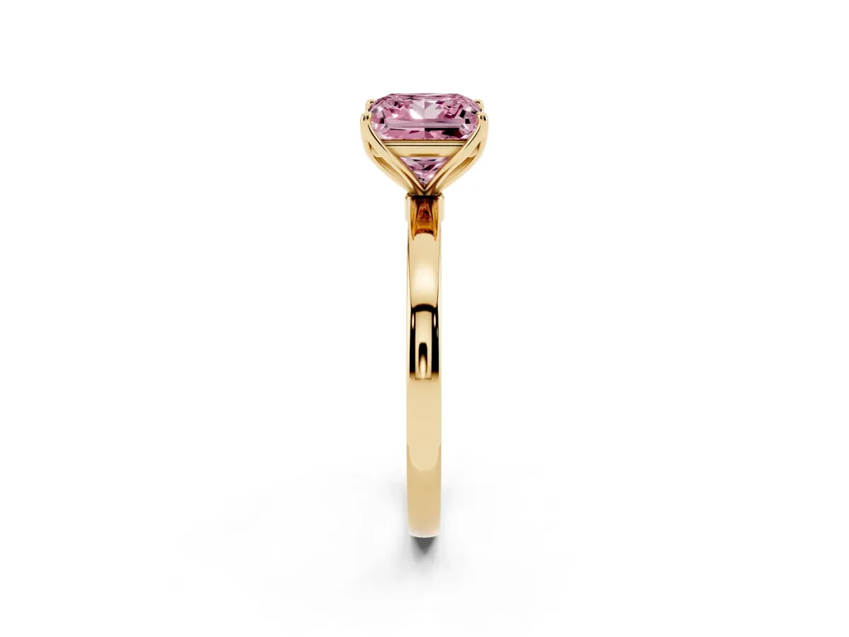 Fancy Pink Princess Cut Diamond Solitaire Ring with Thin Band and Prong Setting Yellow gold