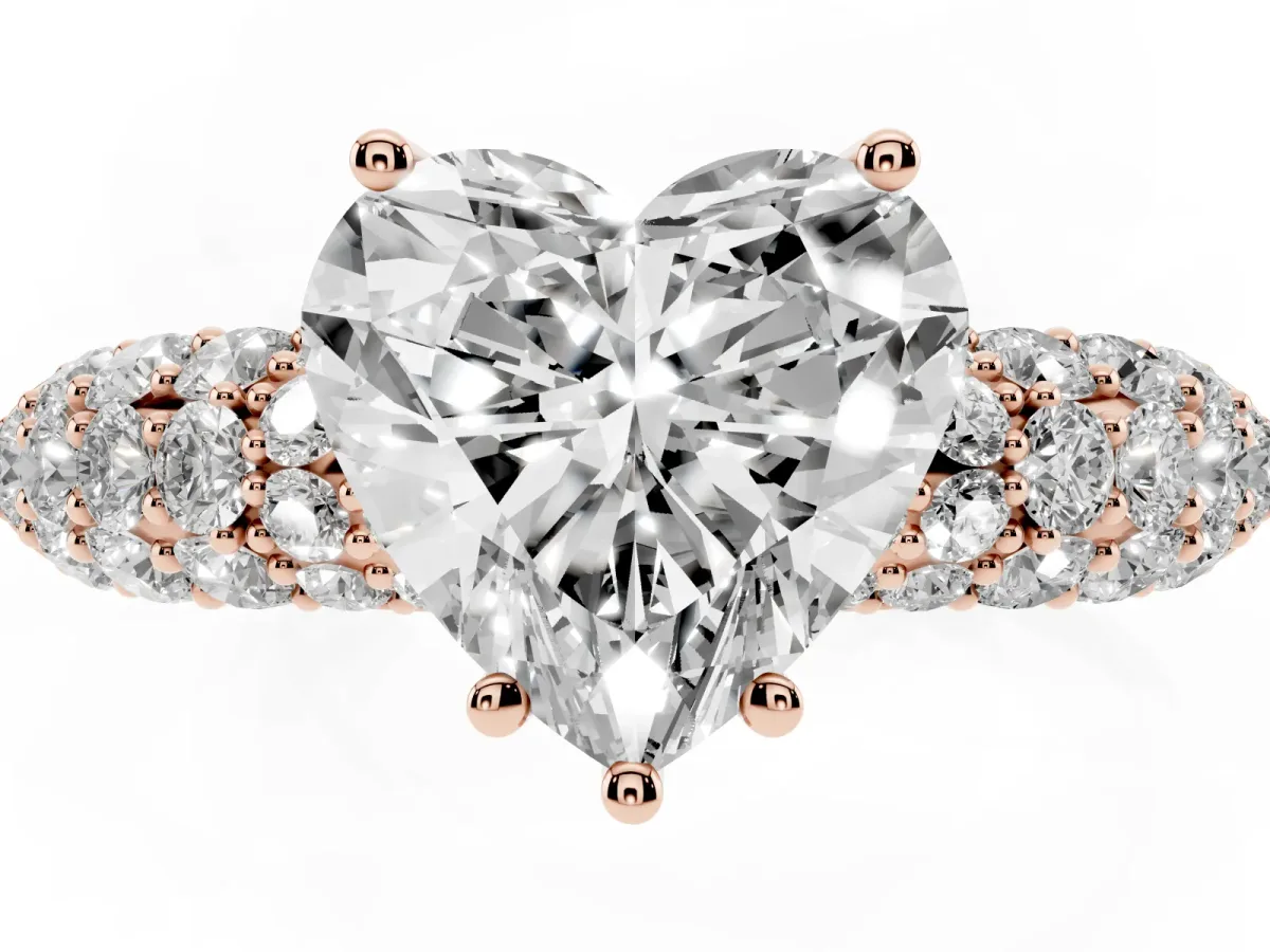 Heart Cut Diamond Pavé Band Solitaire Ring with Four-Prong Setting Rose gold