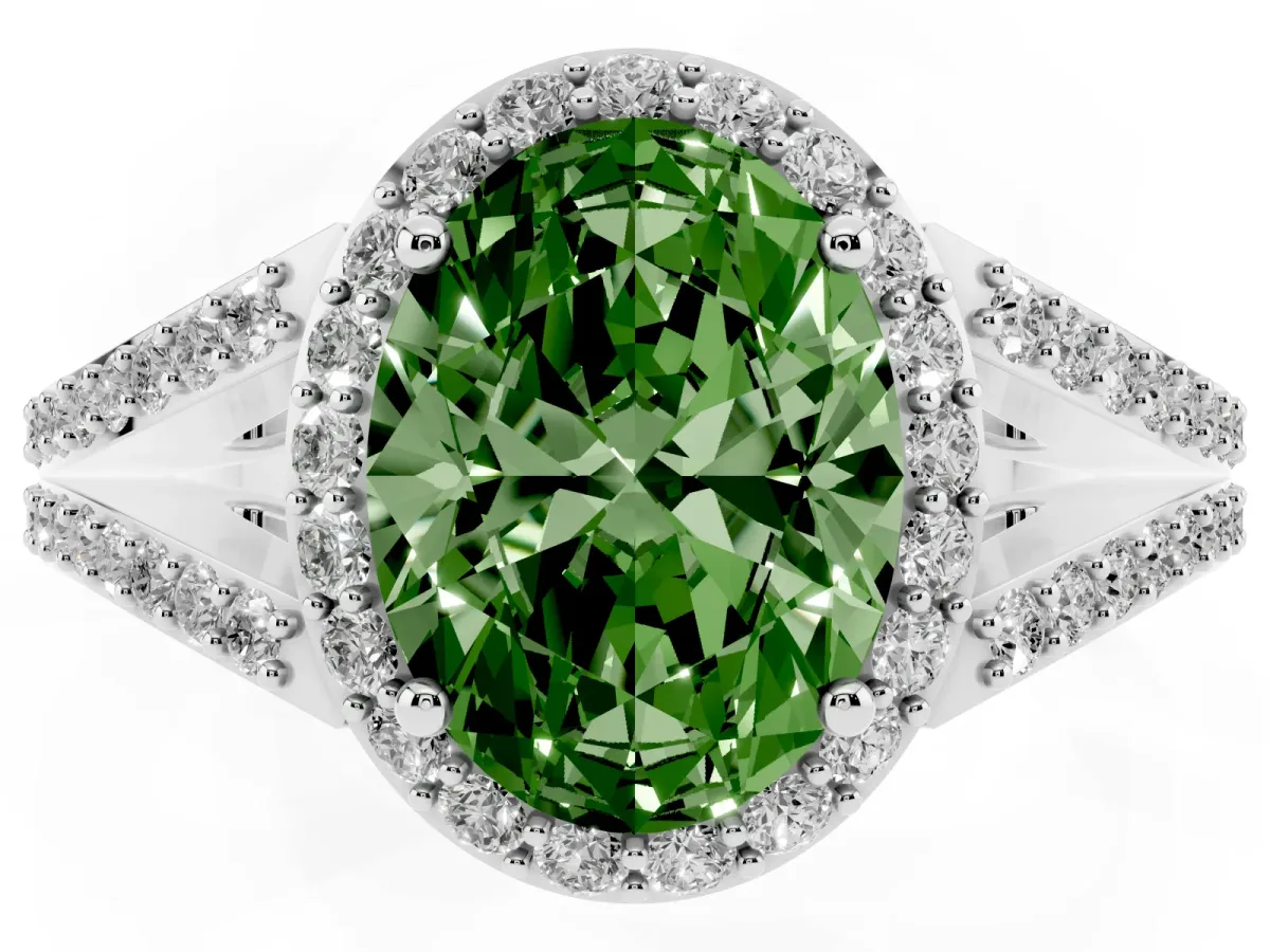 Fancy Green Oval Cut Halo Split Shank Pave Diamond Ring with Four-Prong Setting White gold