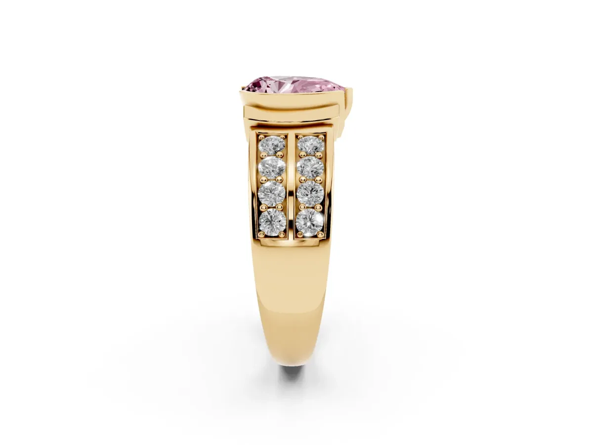 Fancy Pink Pear Cut Brilliant Diamond Channel Set Wide Band Ring with Bezel Setting Yellow gold