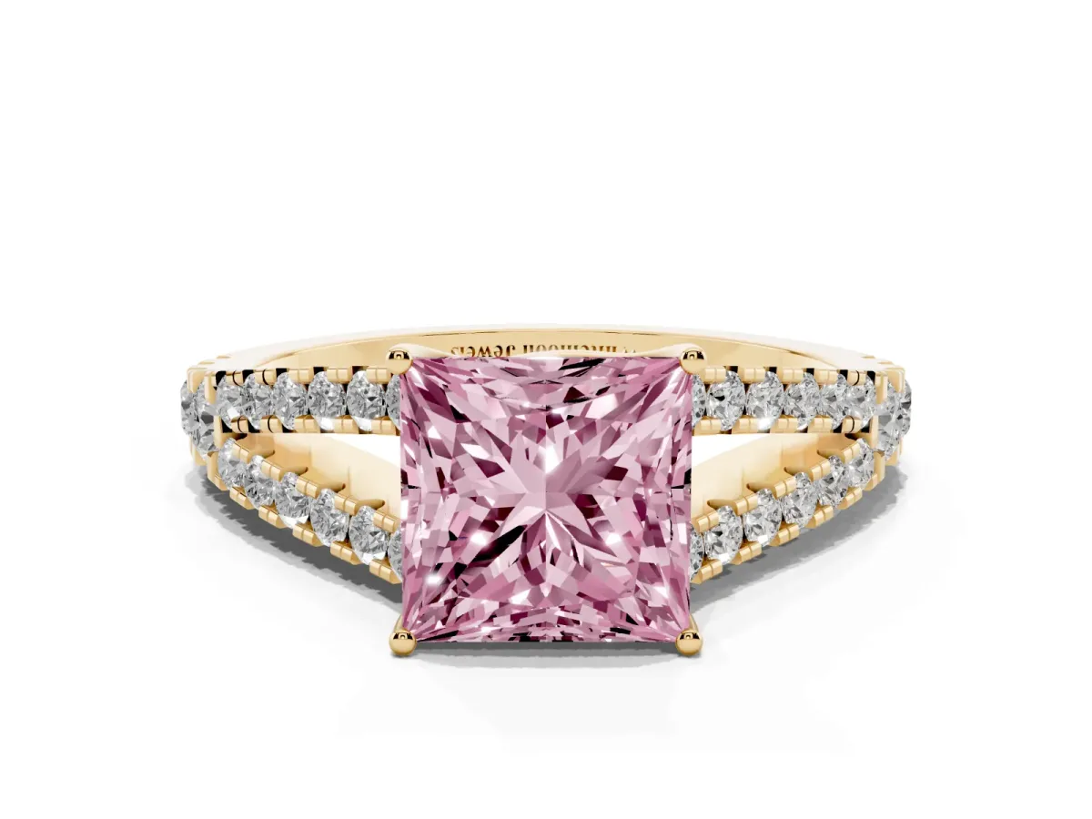 Fancy Pink Princess Cut Diamond Split Shank Engagement Ring with Round Pavé and Prong Setting Yellow gold
