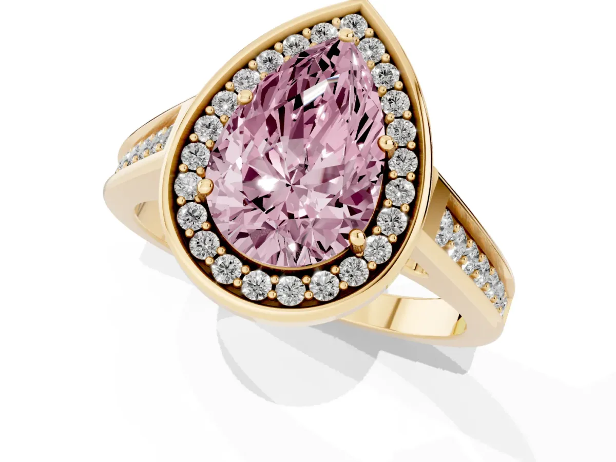 Fancy Pink Pear Cut Halo Solitaire Diamond Ring with Pave Band and Bezel Setting Yellow gold