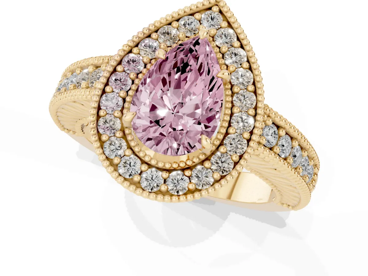 Fancy Pink Pear Cut Cut Halo Diamond Ring with Pavé Band and Four-Prong Setting Yellow gold