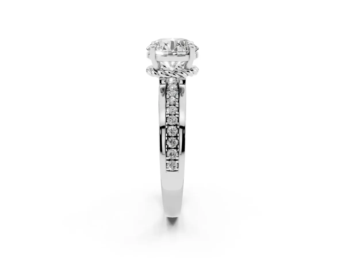 Round Cut Solitaire Diamond Ring with Channel Set Band and Six-Prong Setting Silver