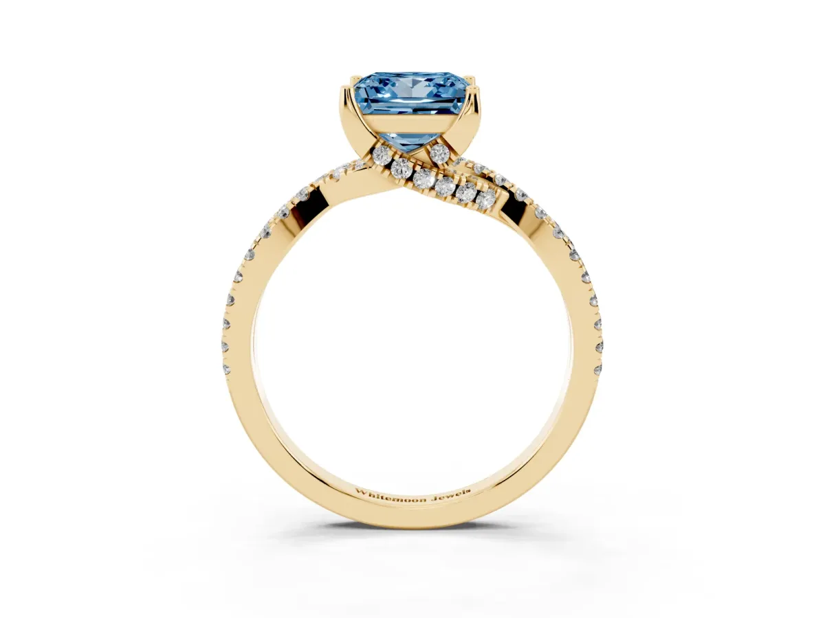 Fancy Blue Princess Cut Solitaire Twist Pave Diamond Engagement Ring with Prong Setting Yellow gold