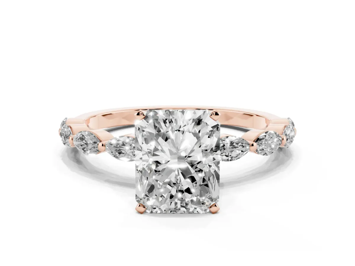 Radiant Cut Diamond Ring with Marquise Side Stones and Prong Setting Rose gold
