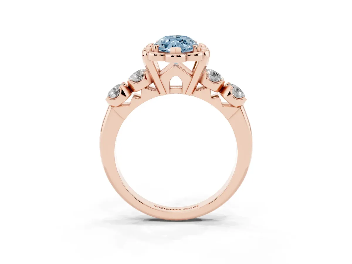 Fancy Blue Marquise Cut Cut Diamond Floral Halo Engagement Ring with Shared Prong Setting Rose gold