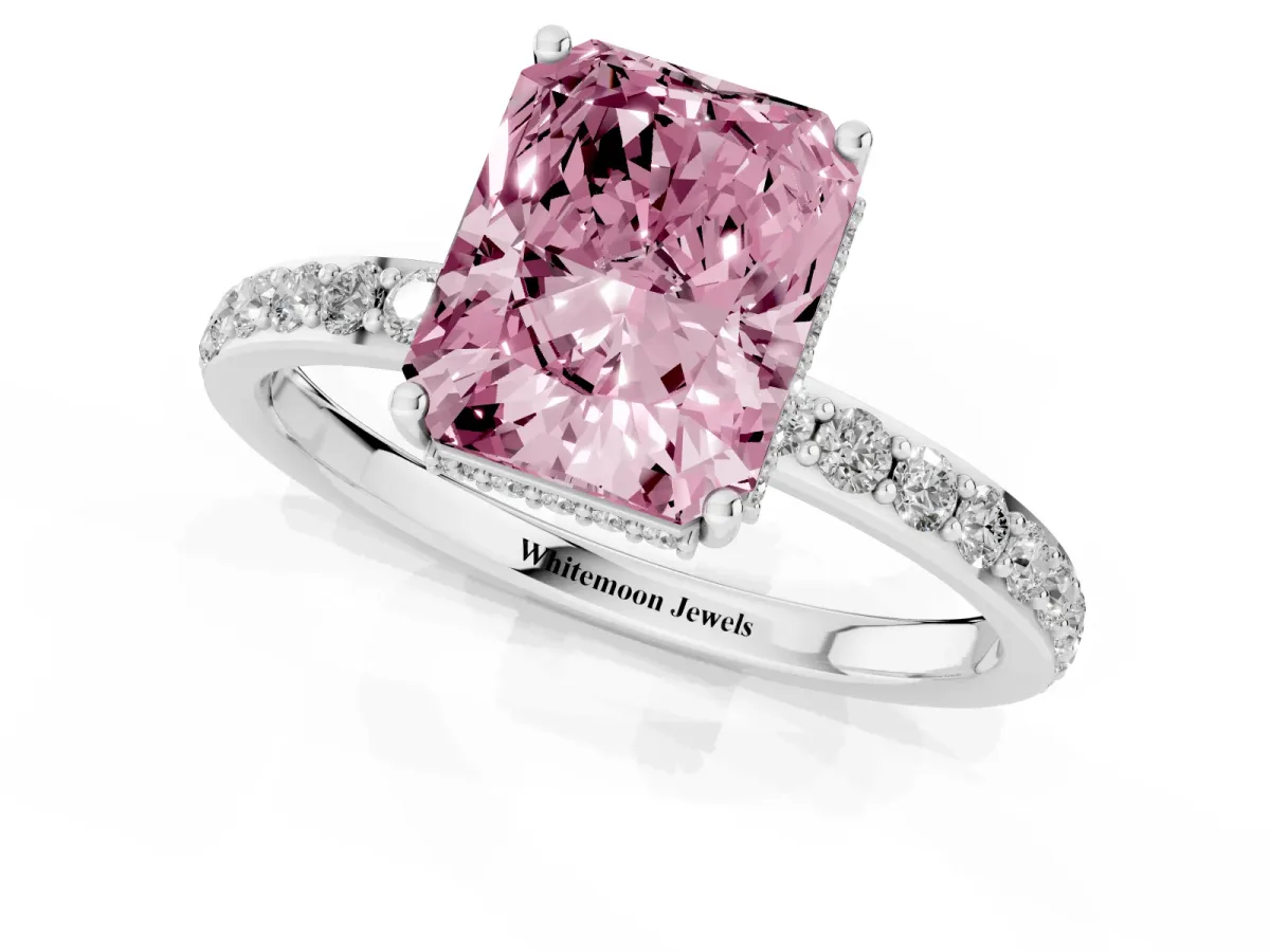 Fancy Pink Radiant Cut Diamond Solitaire Ring with Pavé Band and Hidden Halo Silver
