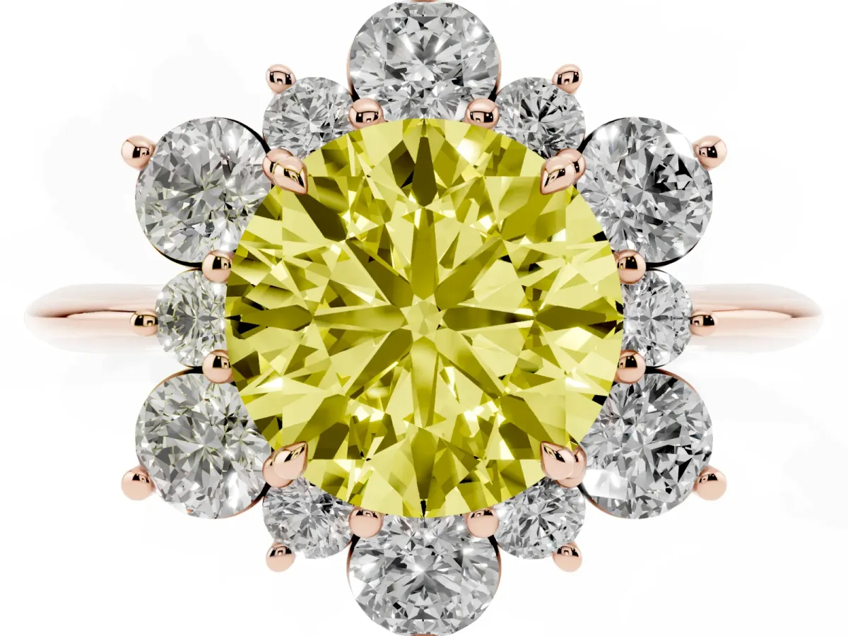 Fancy Yellow Round Cut Diamond Cluster Halo Ring with Solitaire Band and Four-Prong Setting Rose gold