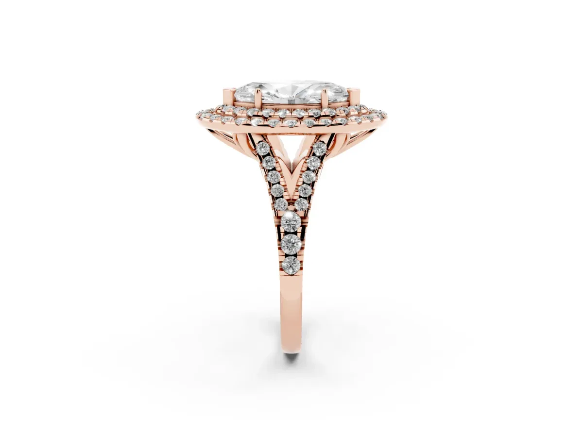 Double Halo Marquise Cut Diamond Pavé Split Shank Ring with Prong Setting Rose gold